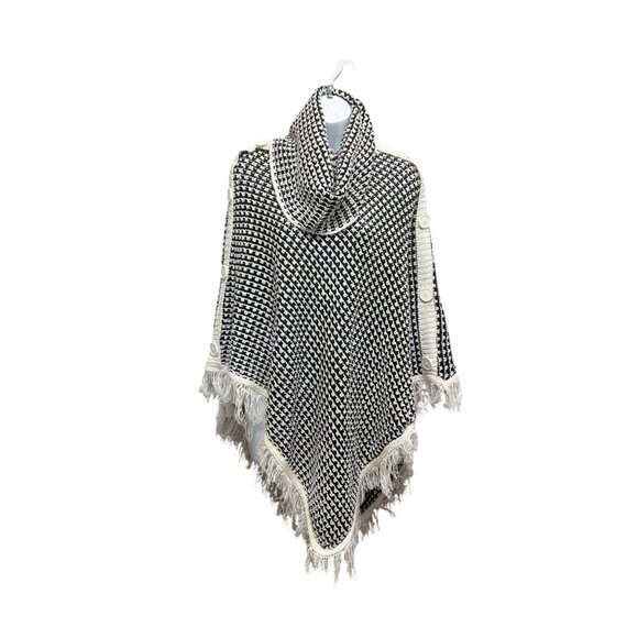 Loose High Neck Fringed Knit Black White Poncho Cape - Picture 2 of 7